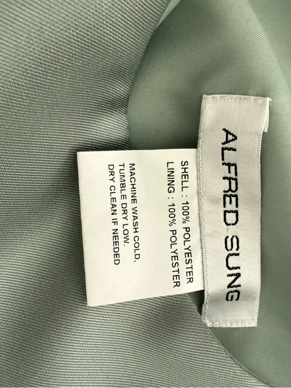 Alfred Sung Sleeveless Sage Green A-Line Dress with Waist Tie - Bridesmaid Dress - Picture 5 of 6
